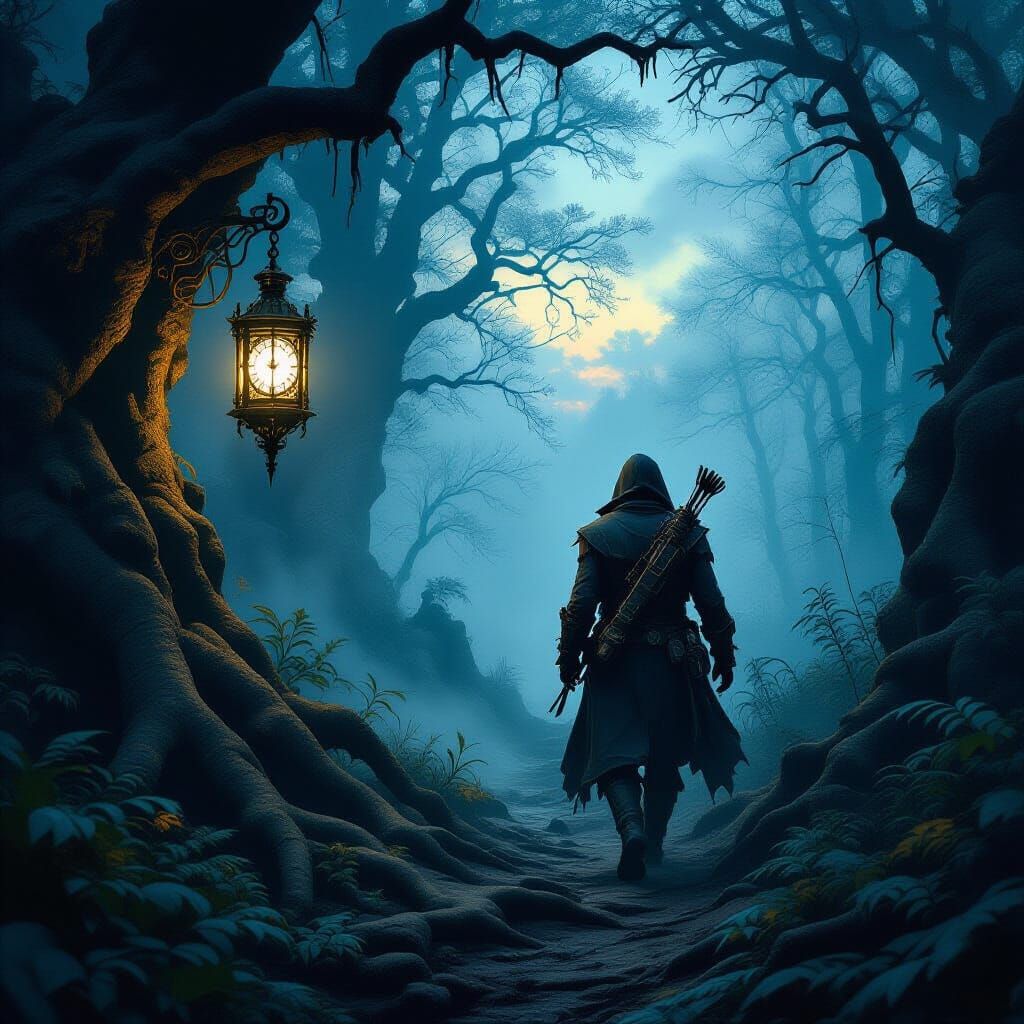 Explorer in Ancient Forest with Clockwork Lantern