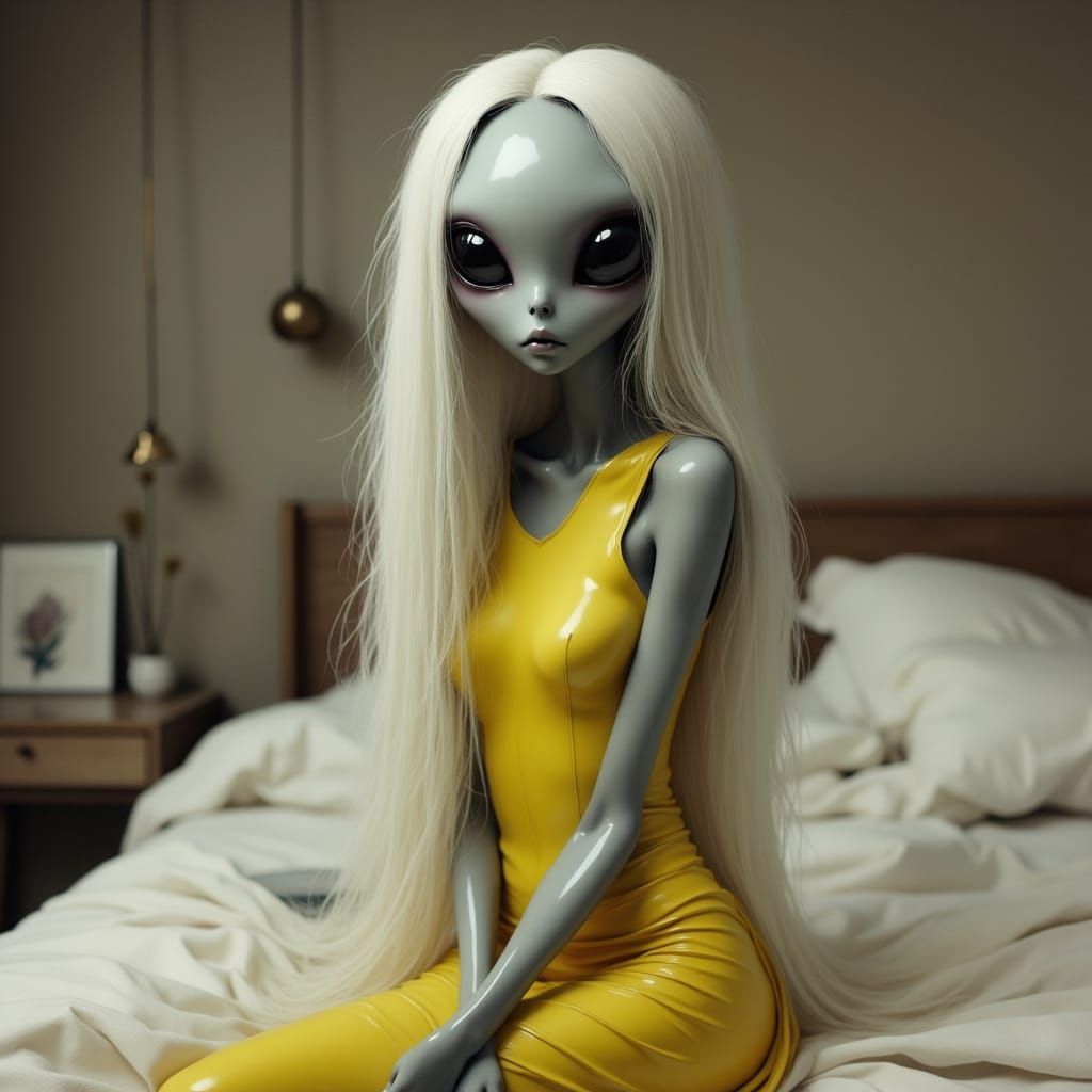 Alien Woman in Yellow Dress Sits on Bed in Modern Bedroom