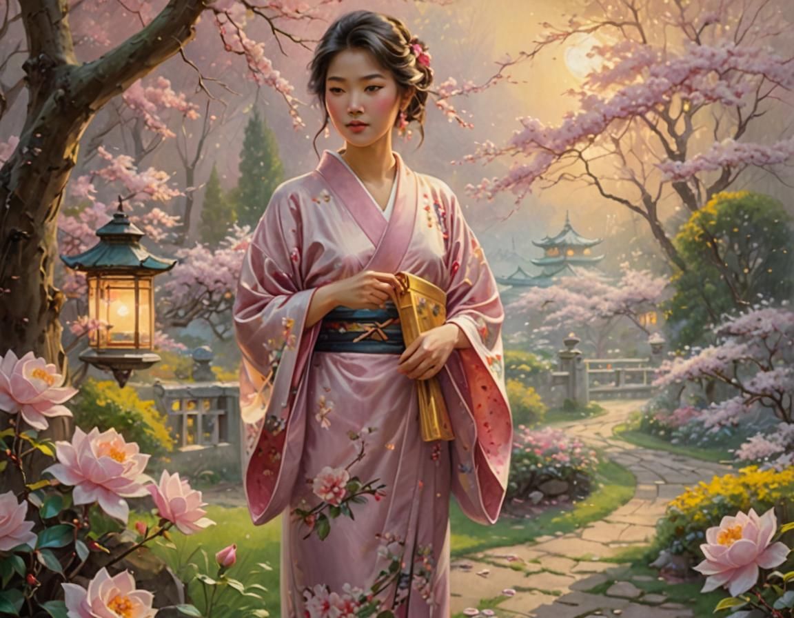 Asian Woman in Kimono: Ethereal Oil Painting