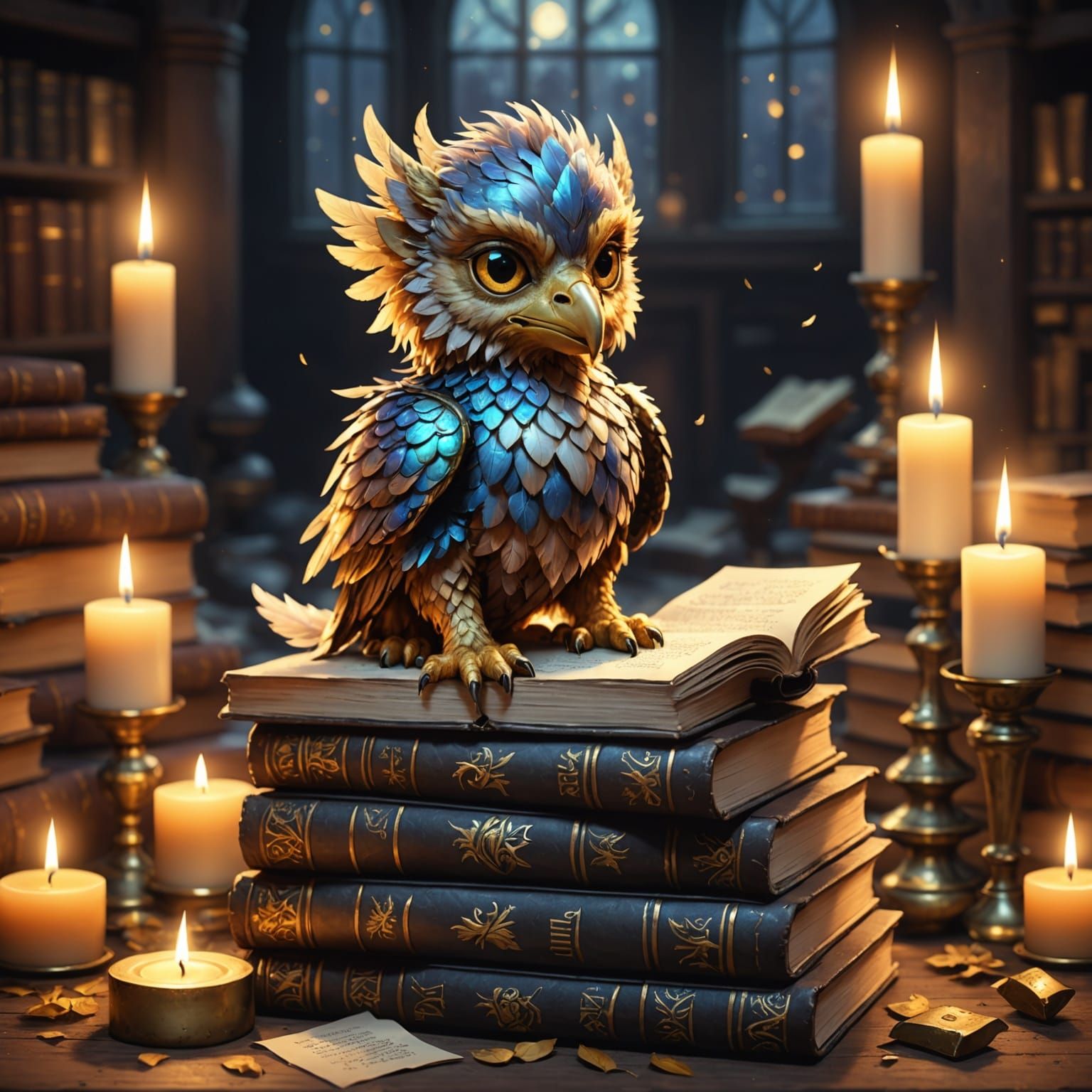 Griffin Cub on Ancient Books, Fantasy Art