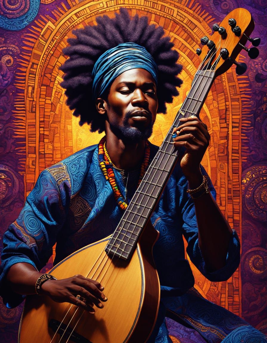 Ethereal Afro-Futurism: Vibrant Guembri Bass Player in Afric...