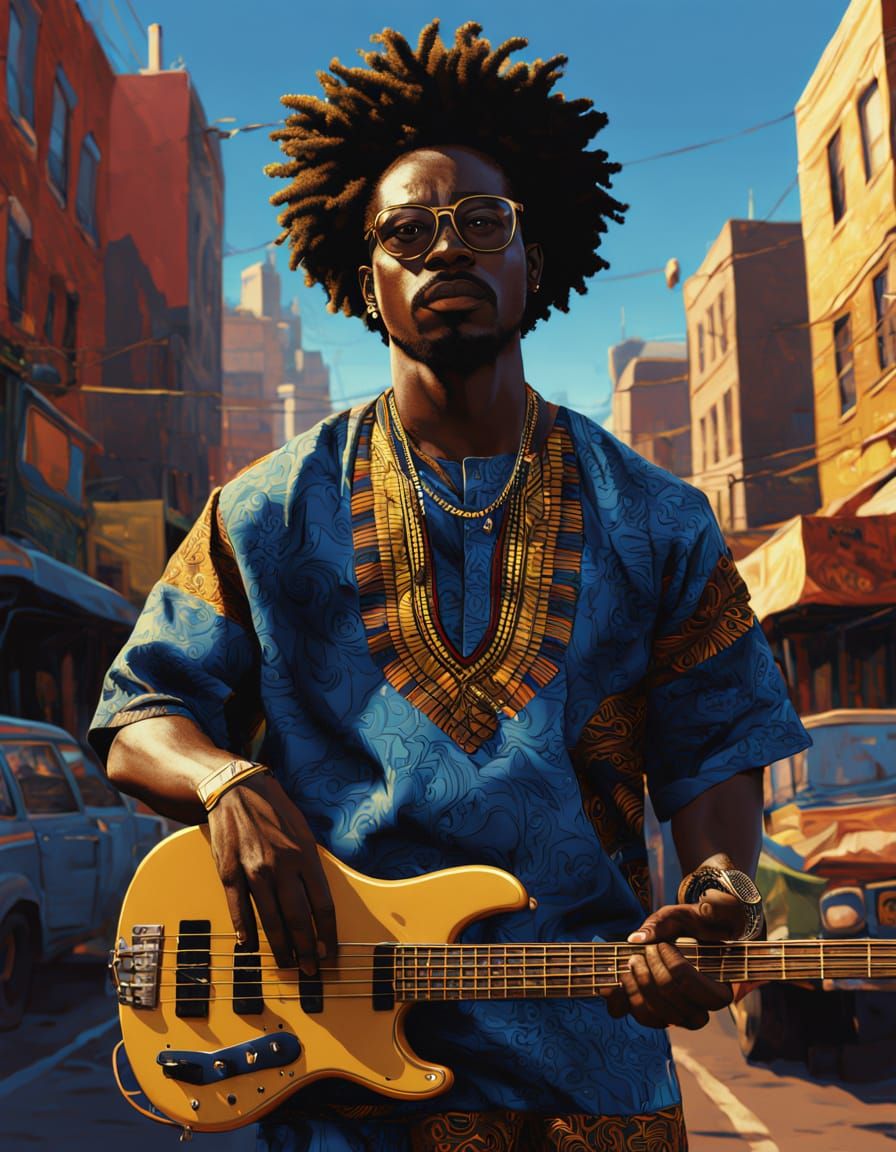 Vibrant Afro-Futurist Musician in Dynamic Motion
