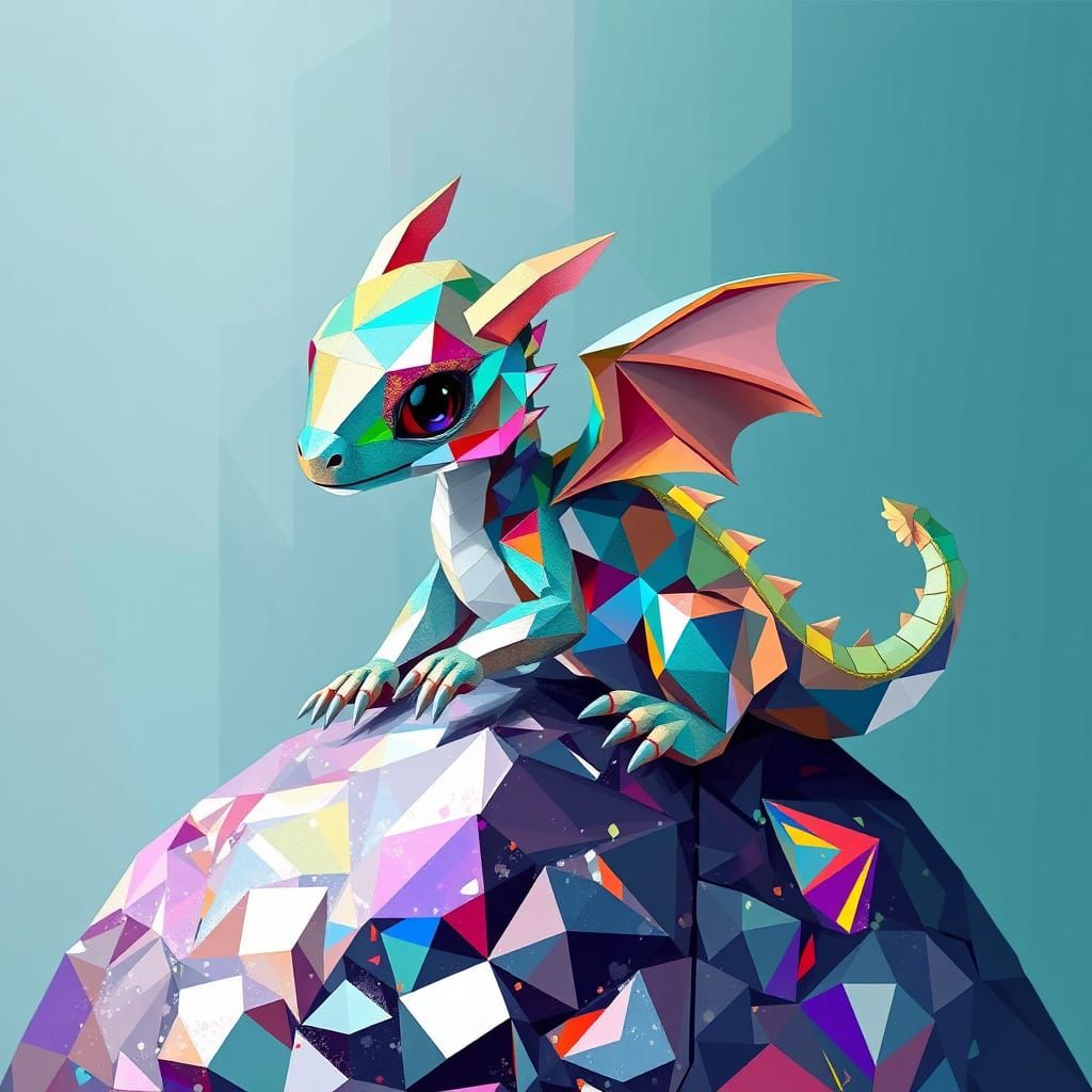 Iridescent Baby Dragon on Diamond Rock, in Cubist Style