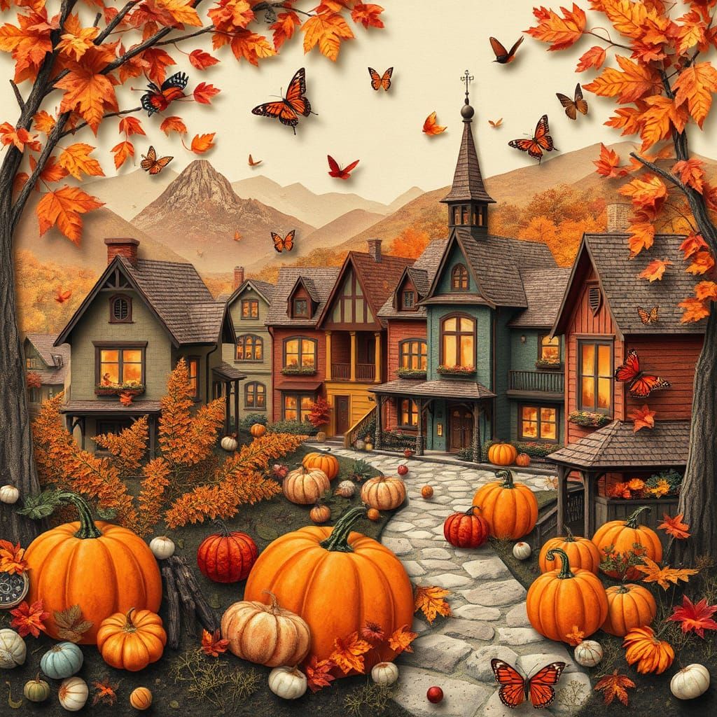 Victorian Town in Autumn: Layered Paper Collage Art