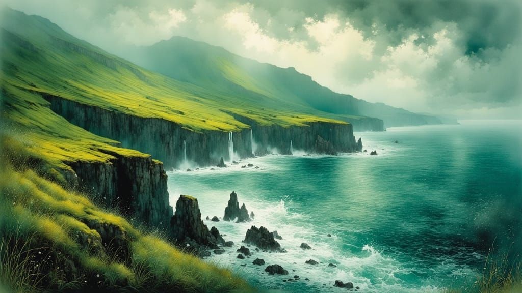 Rainy Azores Landscape Oil Painting