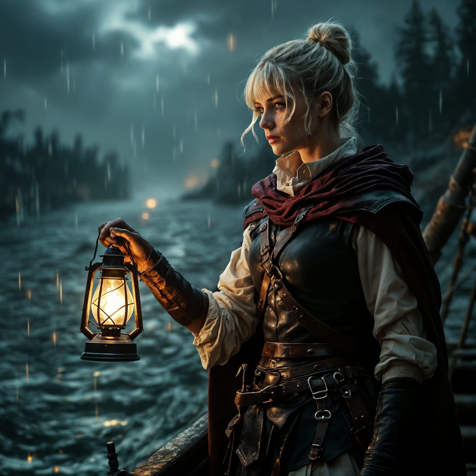 River Pilot Navigating a Dark Autumn River