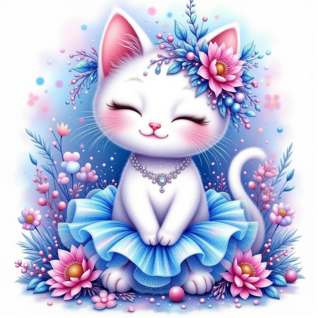 White Kitty in Blue Tutu with Sunflower Crown