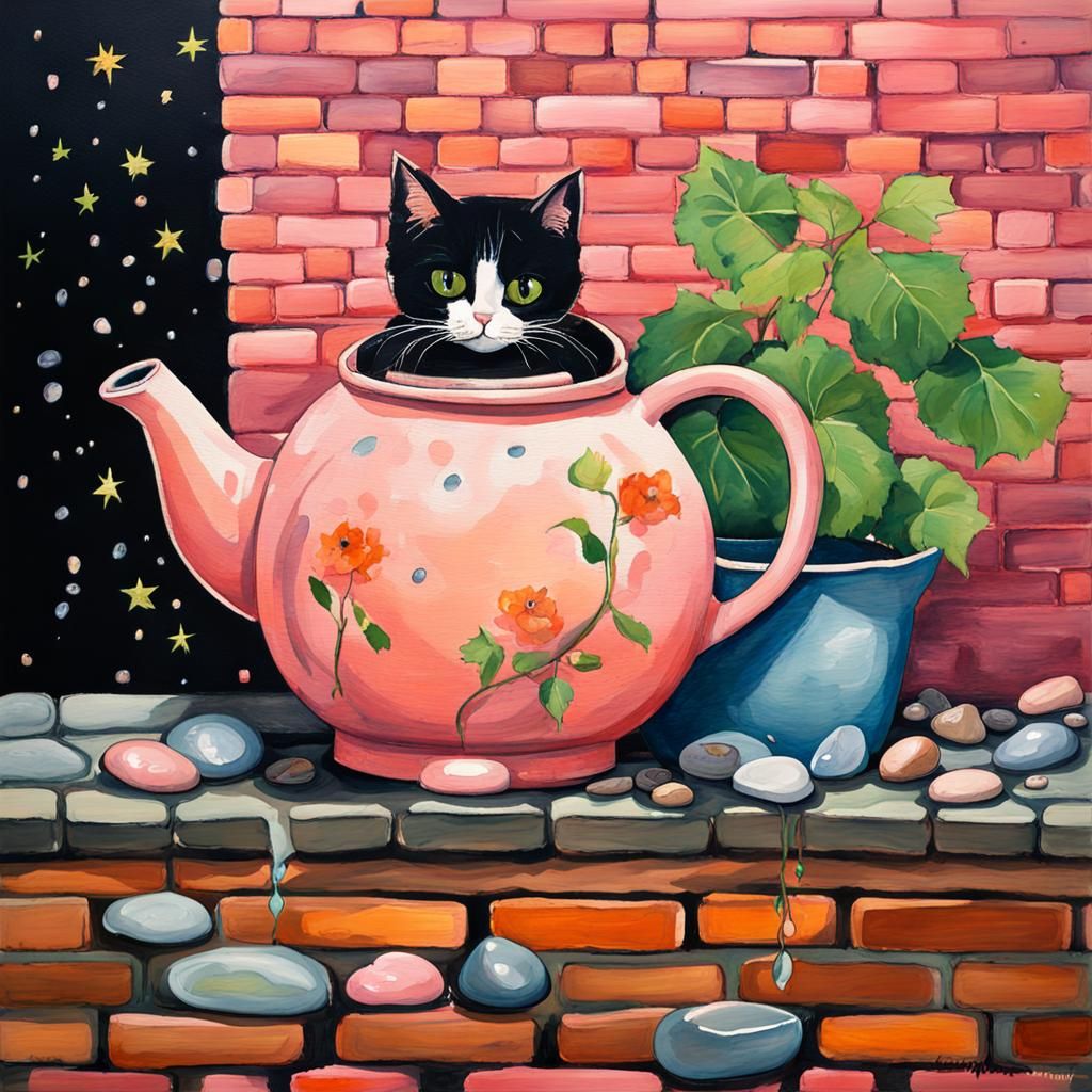 Cat in Teapot: Gouache Impressionist Masterpiece