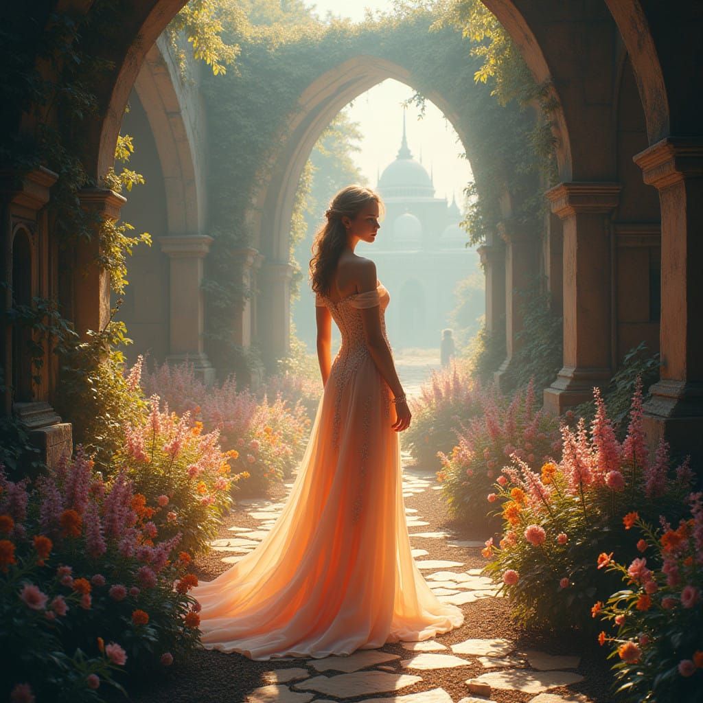 Ethereal Woman Amidst Labyrinthine Cityscape in Dreamlike Ma...