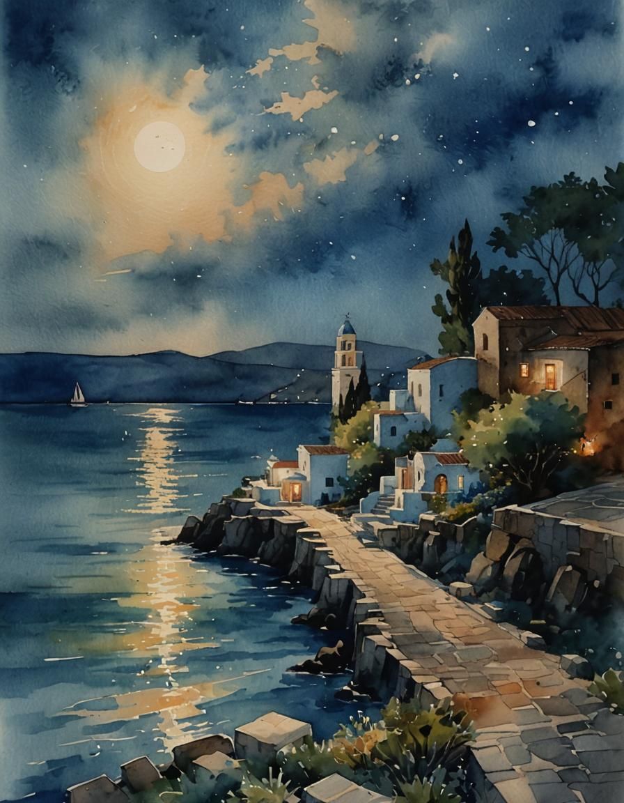 Moonlit Greek Village: A Watercolor Painting
