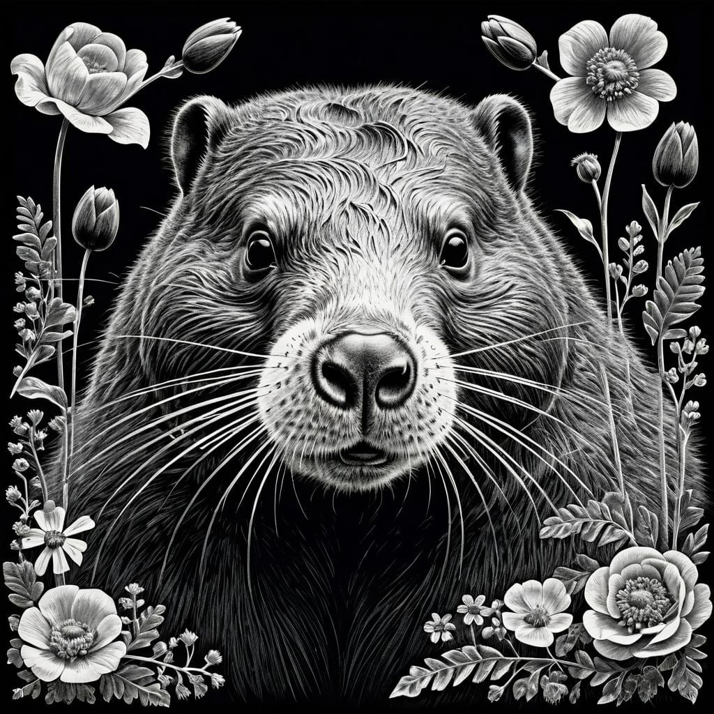 Detailed Chalkboard Drawing of Beaver Framed by Flowers