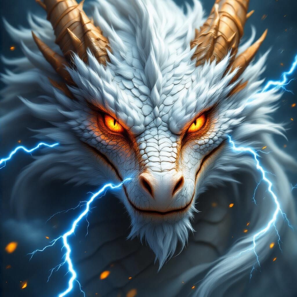 Ancient Storm Dragon Portrait with Silver Fur