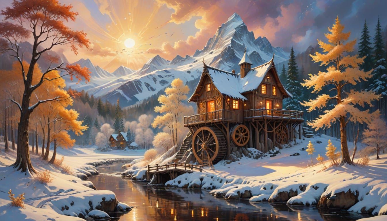 Whimsical Winter Village in Golden Hour