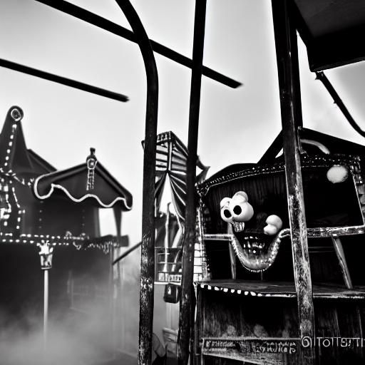 Eerie Black and White Carnival Ride in Fog
