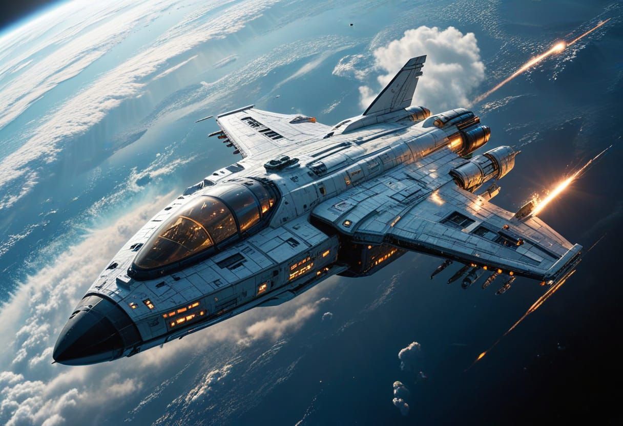 Futuristic Spaceship Flying Over Earth