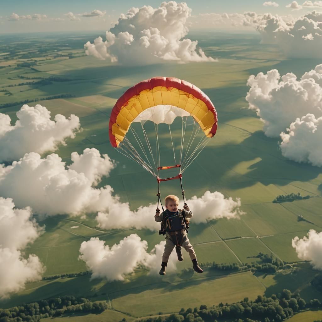Baby Boy's Parachute Landing: Cinematic Film Still