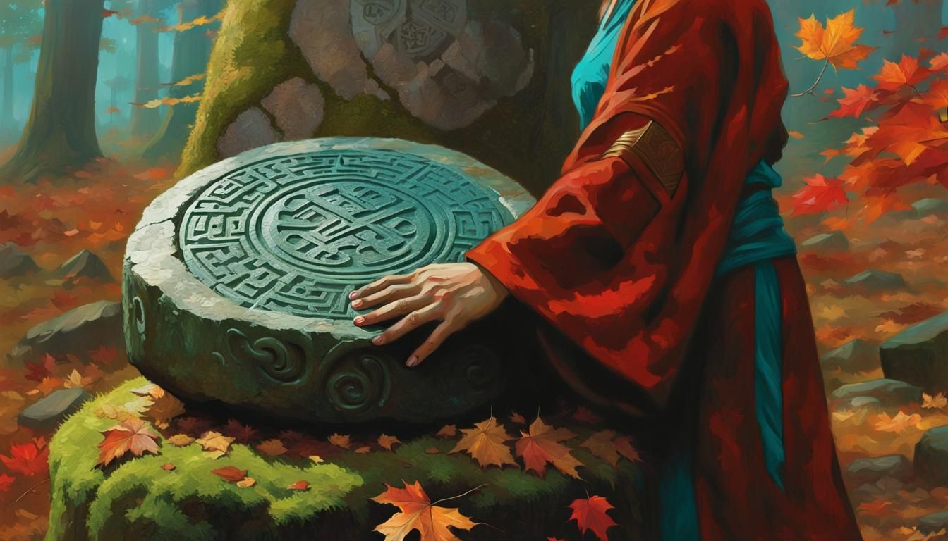 Hand Touches Ancient Runic Stone in Oil Painting