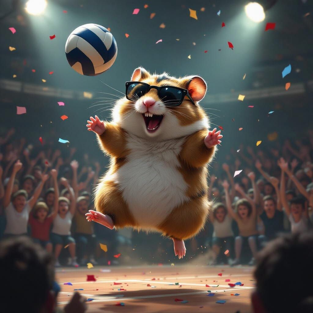 Evil Fluffy Hamster Spikes Volleyball in Dramatic Gym Scene
