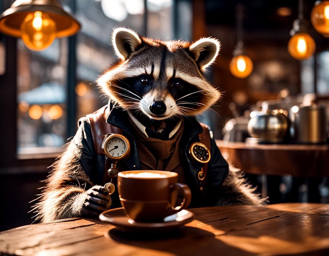 Steampunk Coffee Shop: Raccoon Relaxing with Latte