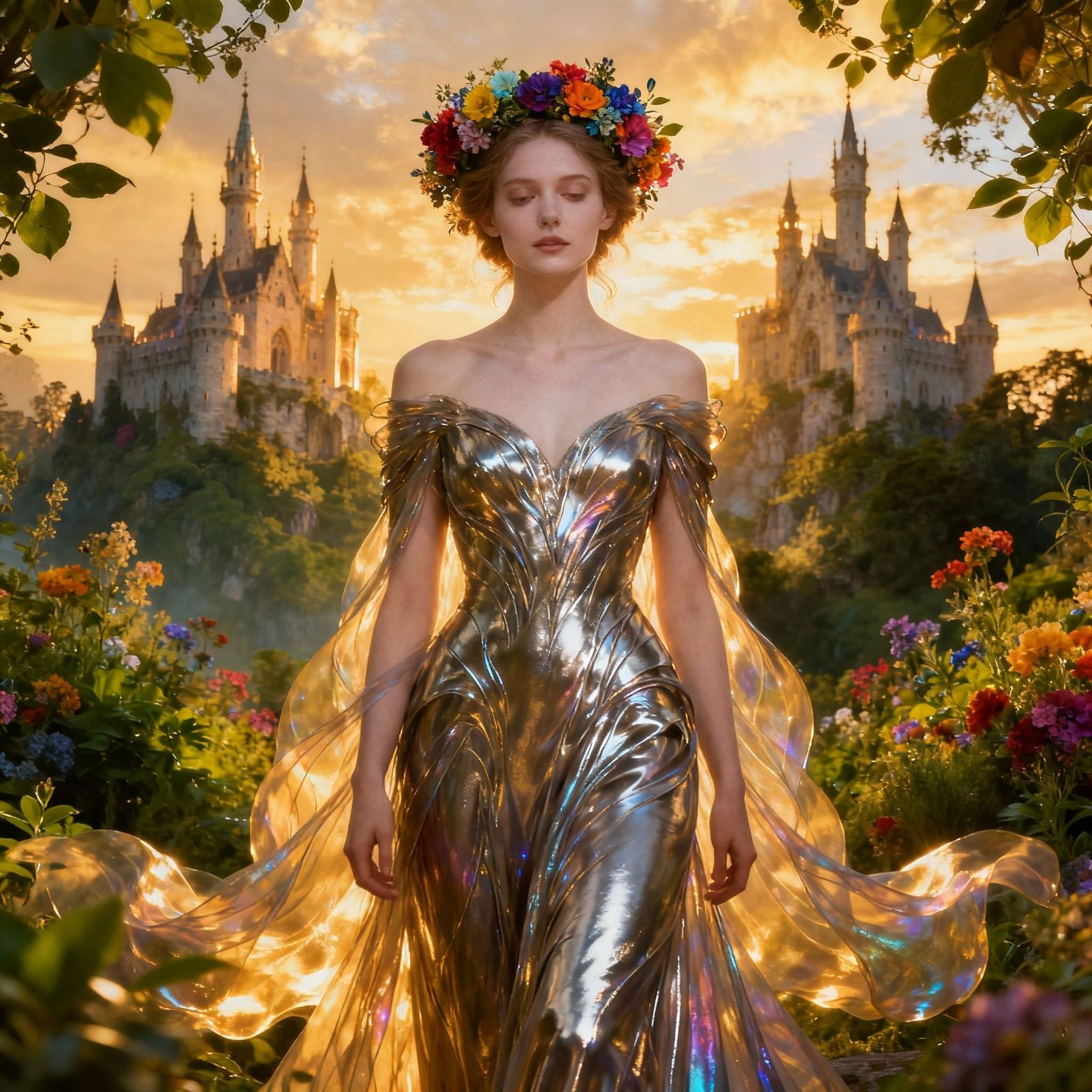 Ethereal Fantasy Woman in Metallic Gown with Floral Crown