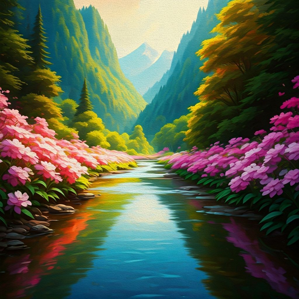 Expressionist River Flows Through Vibrant Landscape