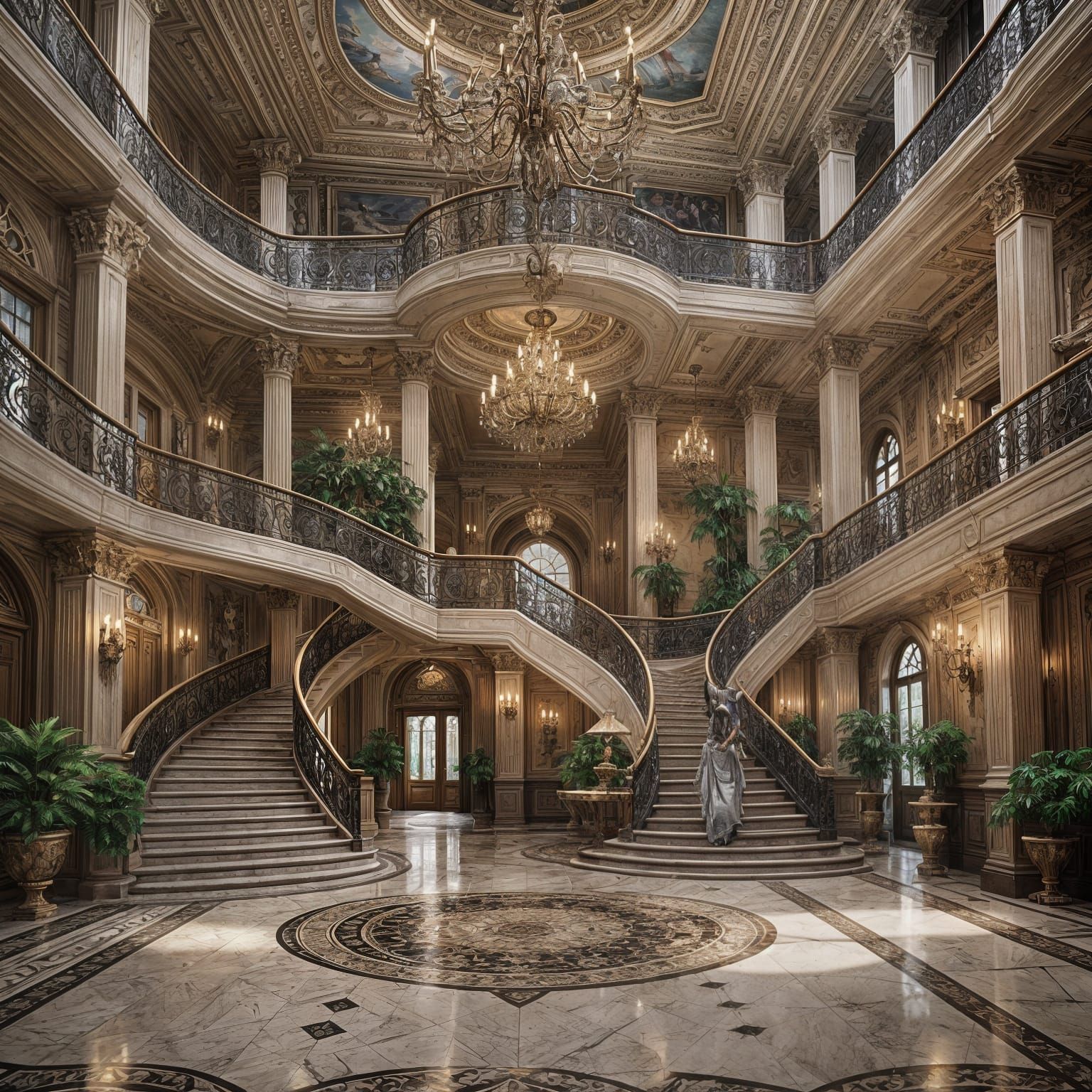 Elegant Mansion Lobby with Elaborate Staircase
