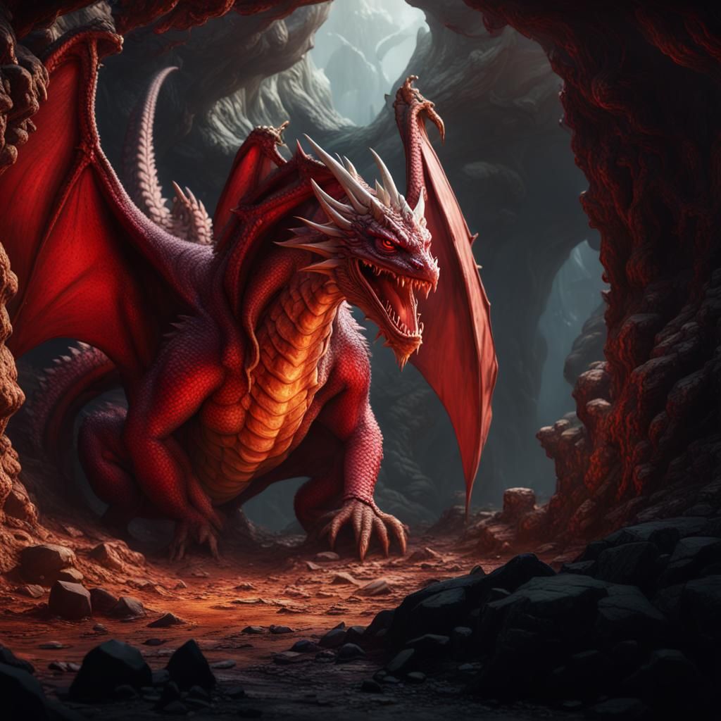 Fat Red Dragon Leaving Cave in Detailed Matte Painting