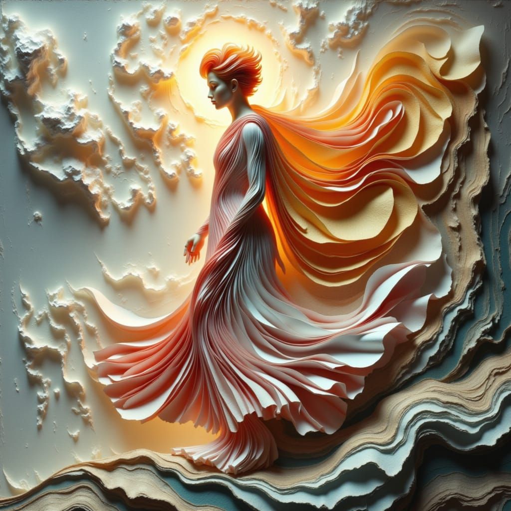 Ethereal God of Wind in Ruffled, Flowing Fabric, with Feathe...