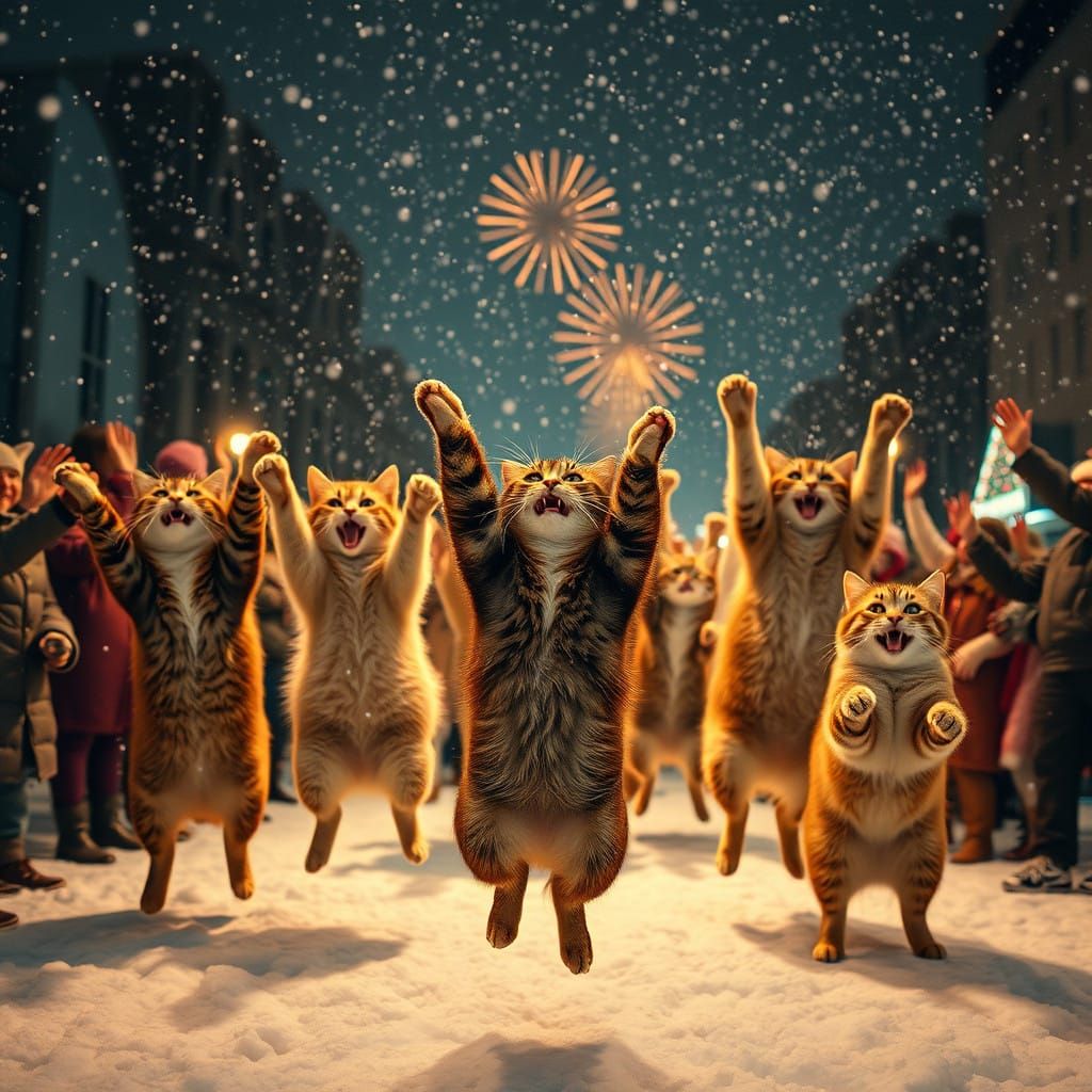 Joyful Felines Celebrate New Year in the Snow