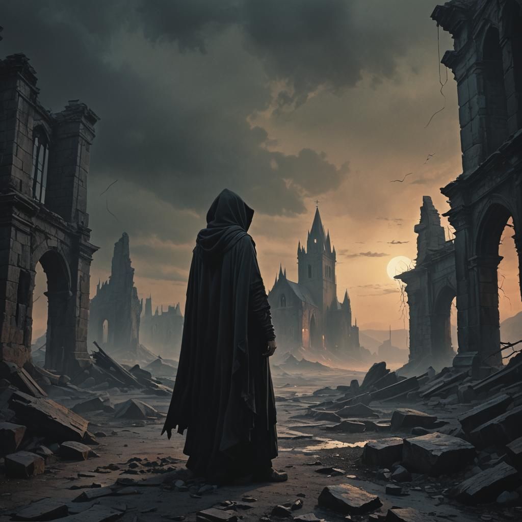 Grim Figure in Ruined Landscape: Dark Fantasy Art