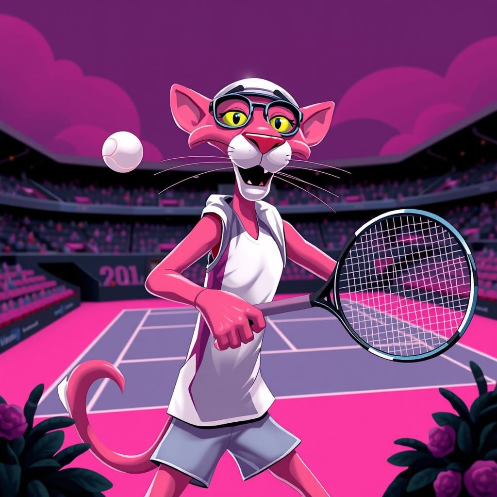 Pink Panther playing Tennis at Roland Garros .