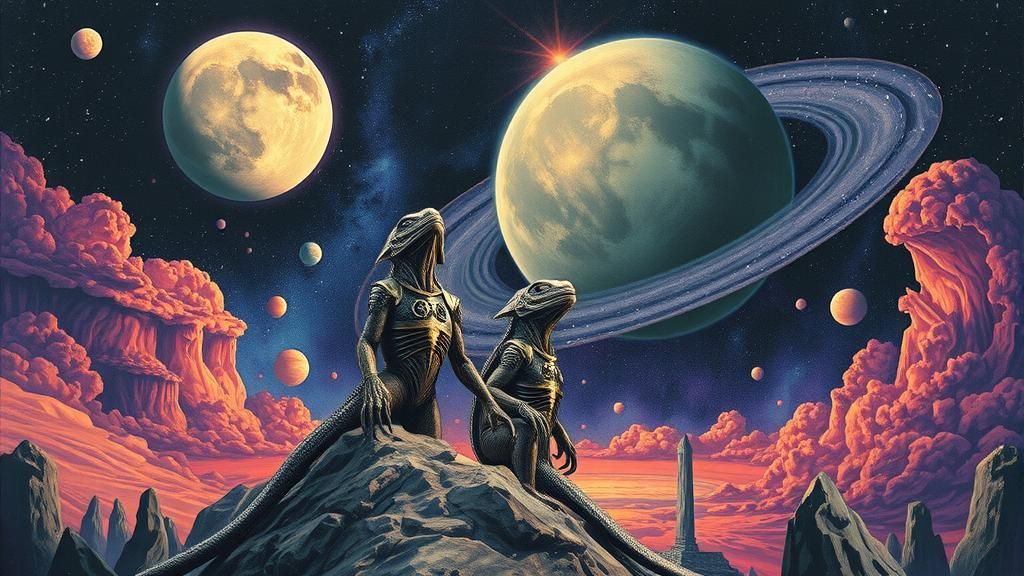 Lizard Aliens on Crystalline Spire: Visionary Art