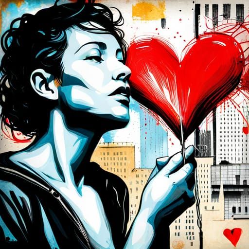 Mixed Media Painting of Love in Street Art Style