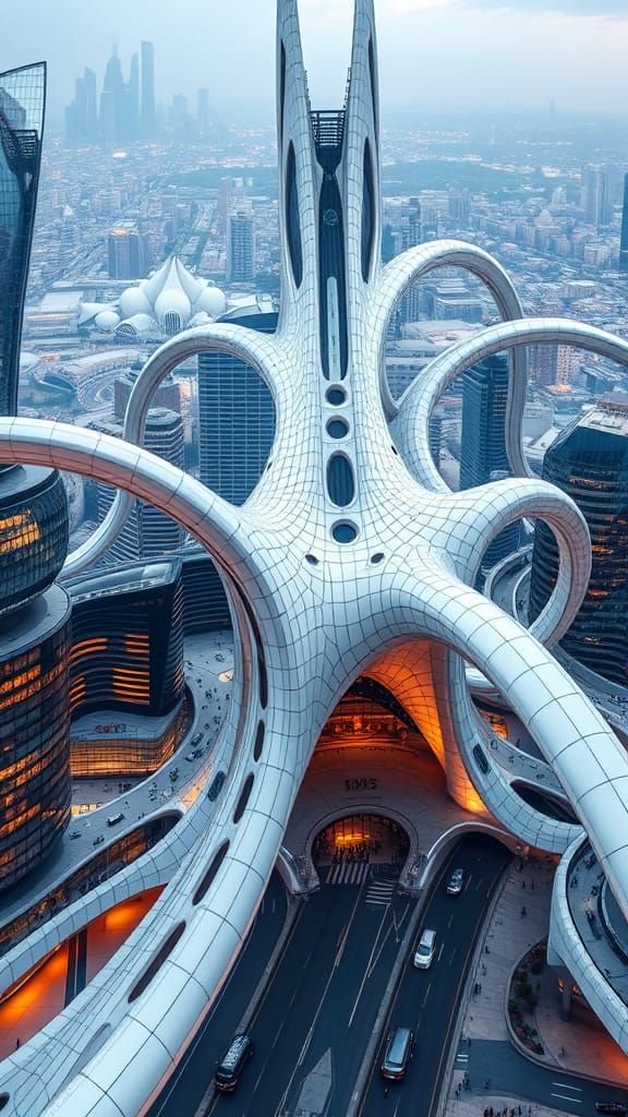 Futuristic urban megastructure, Hadid tentacles.