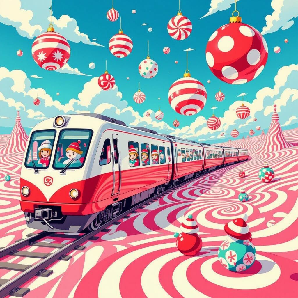 Dreamlike Train Journey Through Candy Land with Giant Bauble...