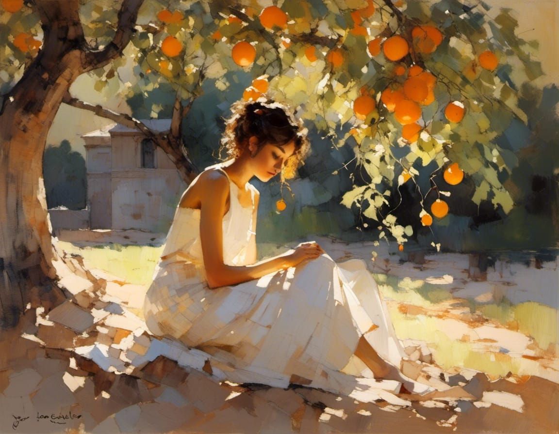 Chiaroscuro: Woman under Orange Tree at Sunset