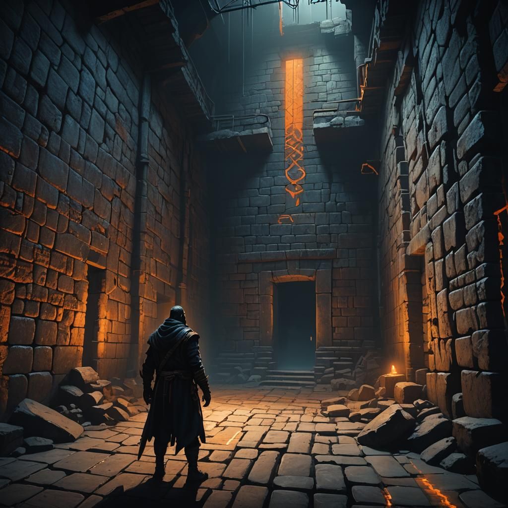 Dystopian Prison Concept Art with Glowing Runes