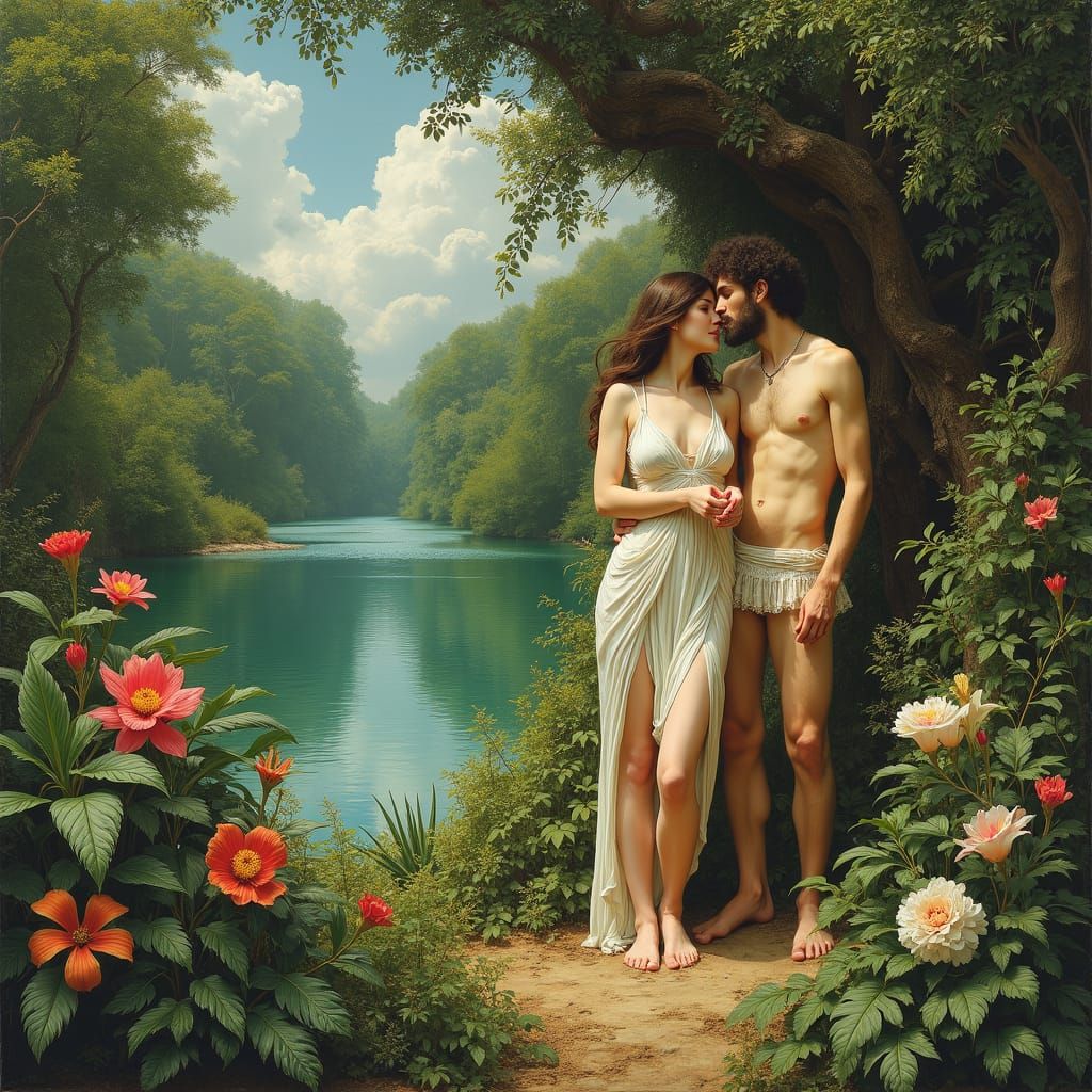 Adam and Eve in Paradise, Pre-Raphaelite Style