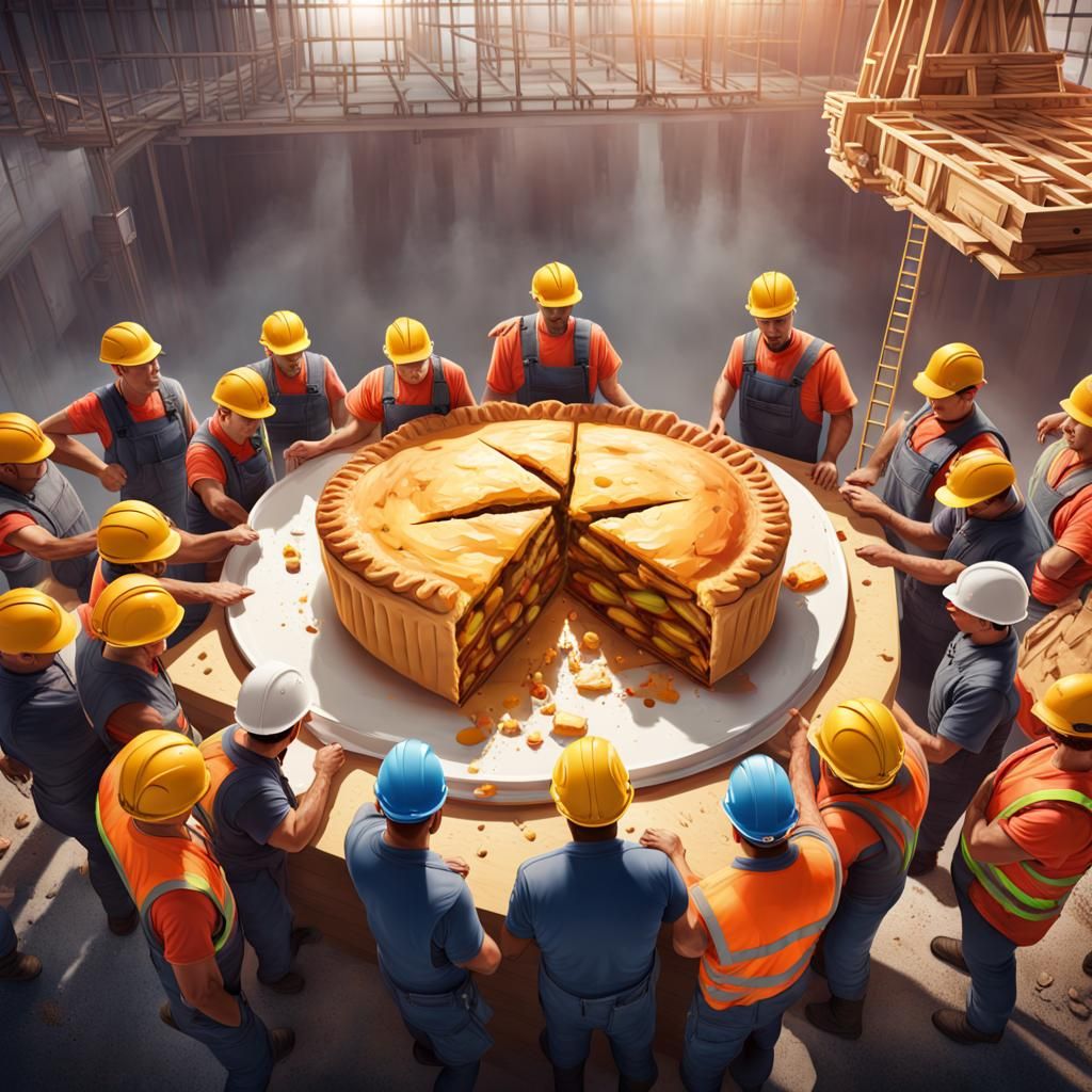 Hyperrealistic Apple Pie Surrounded by Construction Workers
