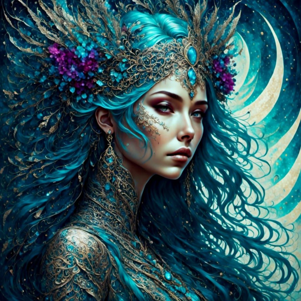 Otherworldly Lunar Priestess with Silver Hair