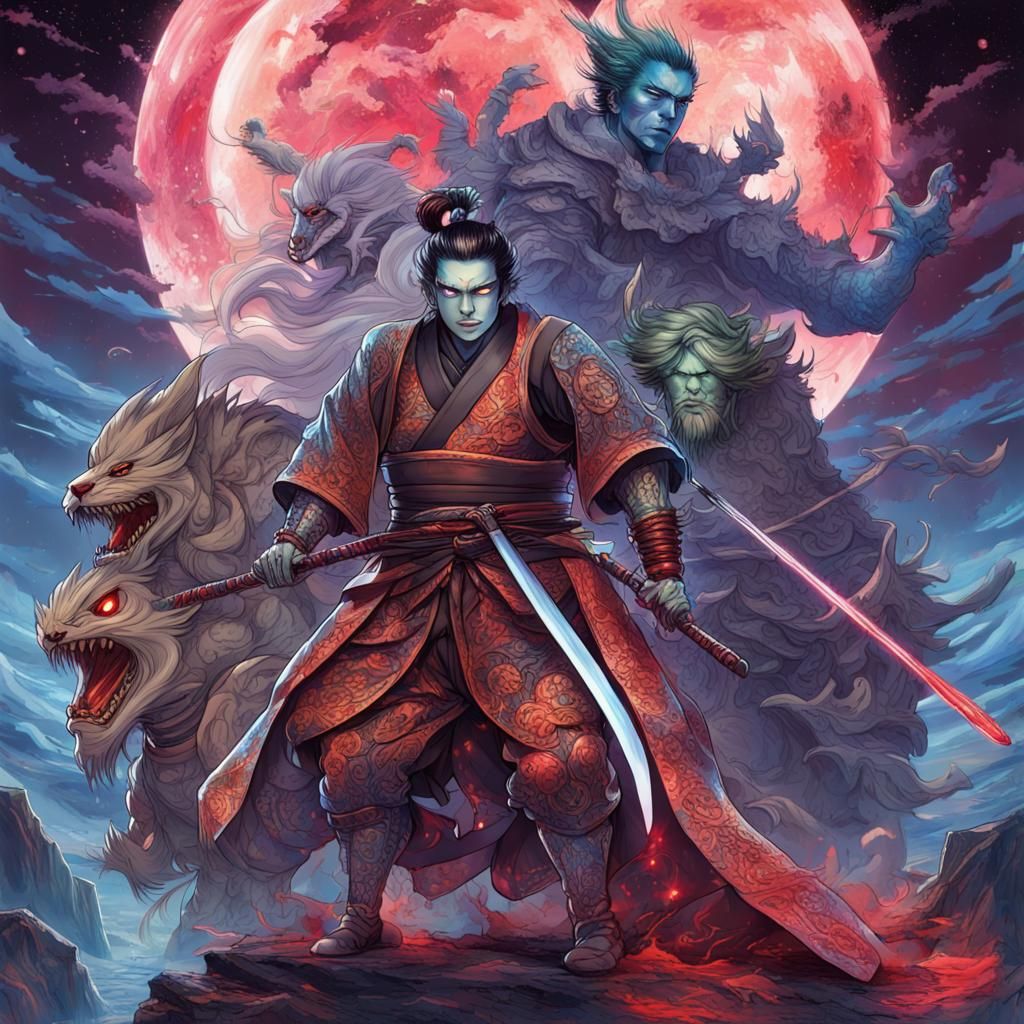Universal Monsters as Anime Samurai in Holographic Style