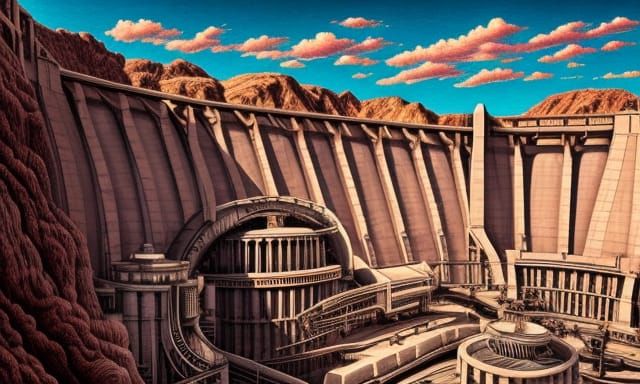 Detailed Steampunk Hoover Dam in Art Deco Style
