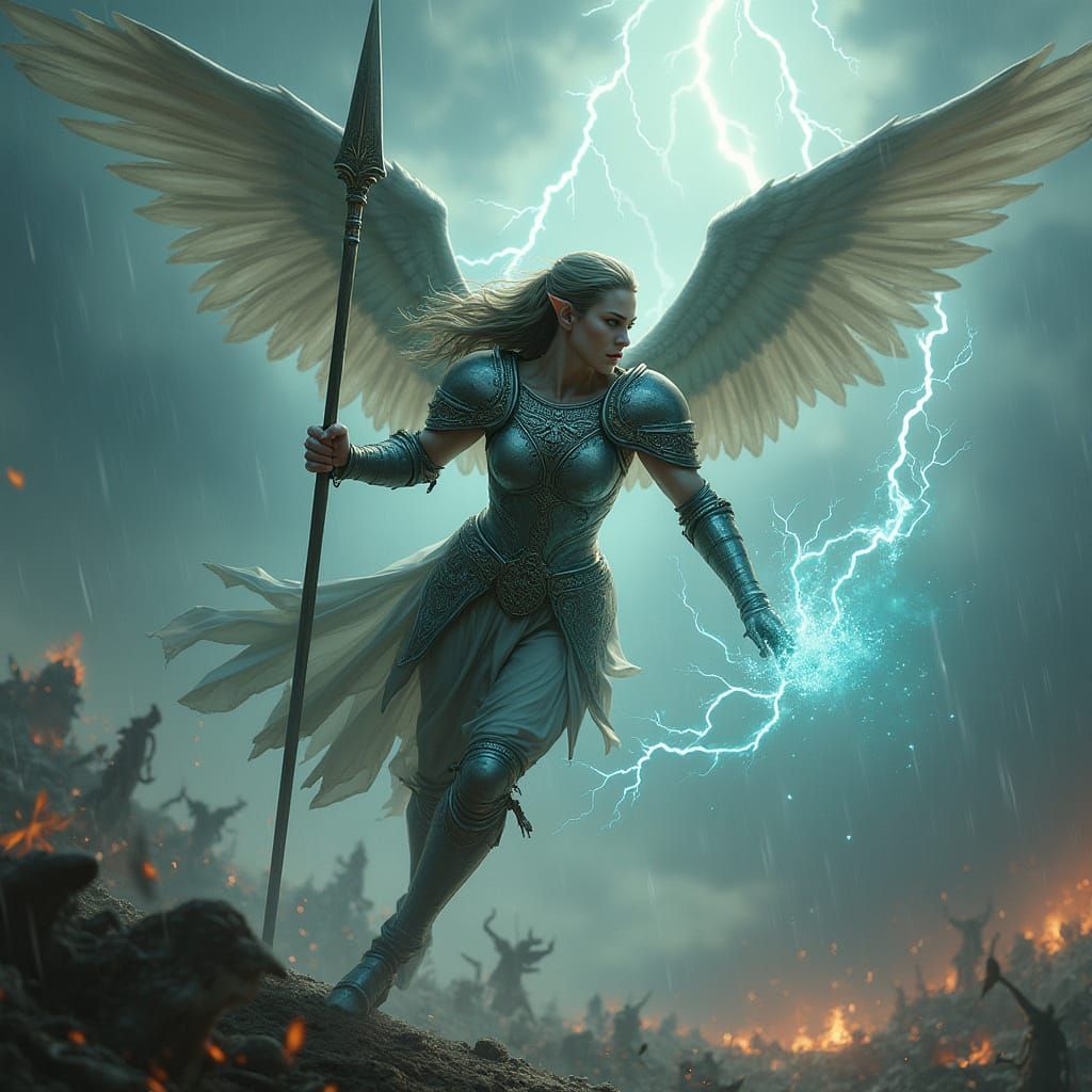 Majestic Winged Elf Warrior in Stormy Sky