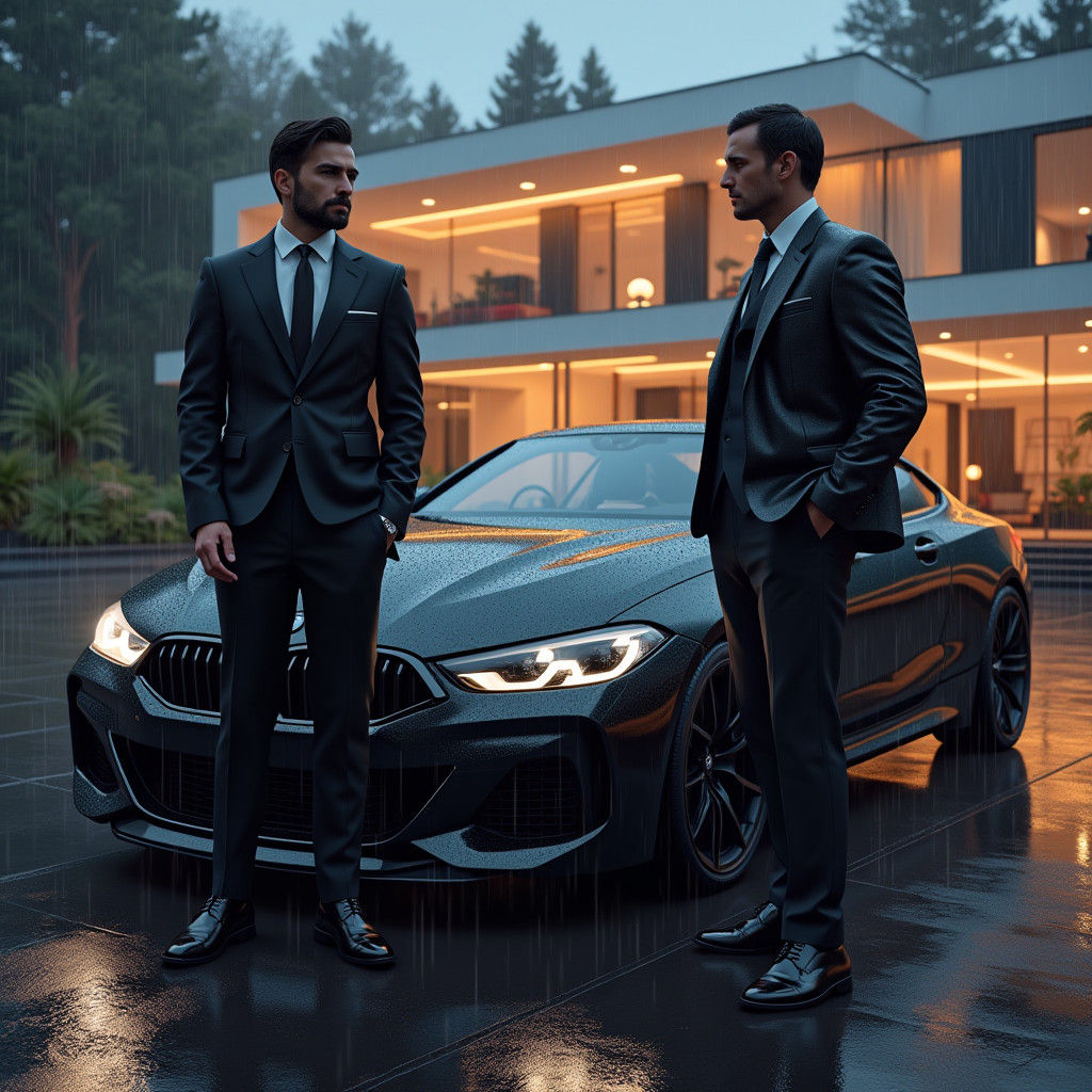 Luxury Car and Mansion in Rainy Photorealistic Scene