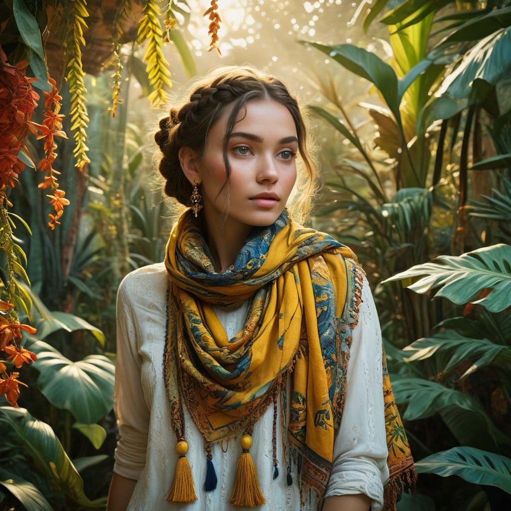 Whimsical Bohemian Girl in Exotic Garden of Vibrant Colors a...