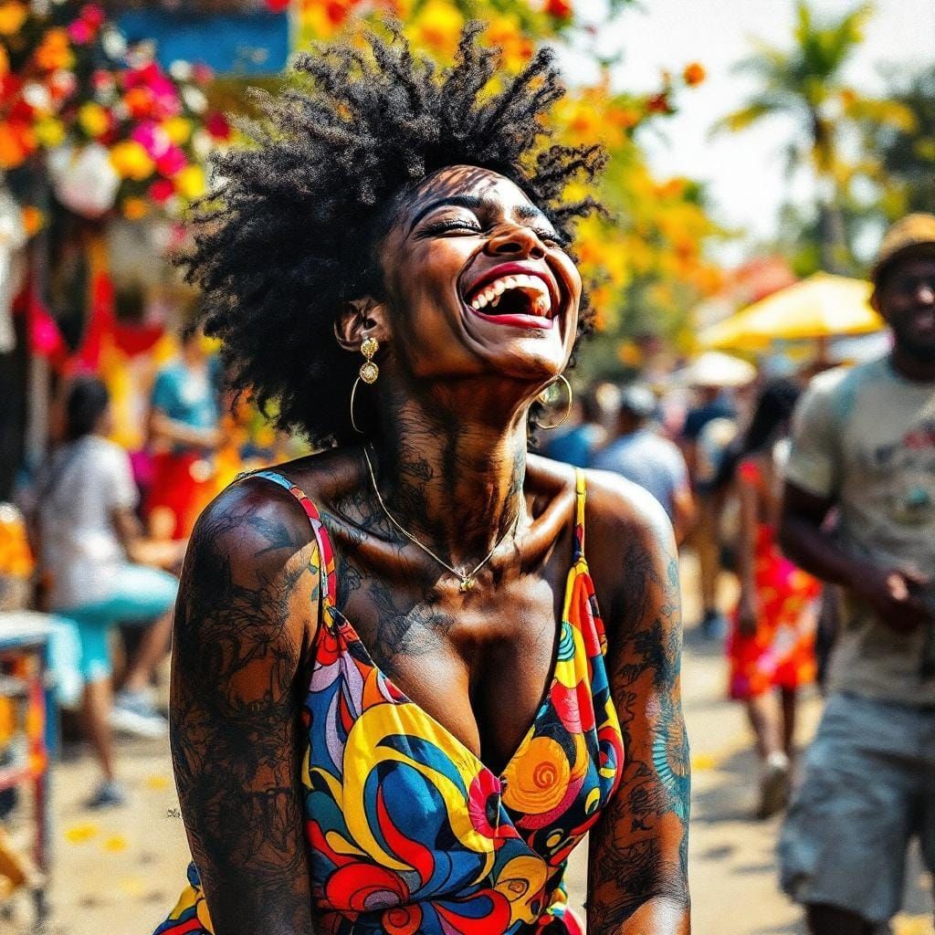 Woman Laughing in Colorful Dress, Charcoal Drawing Style