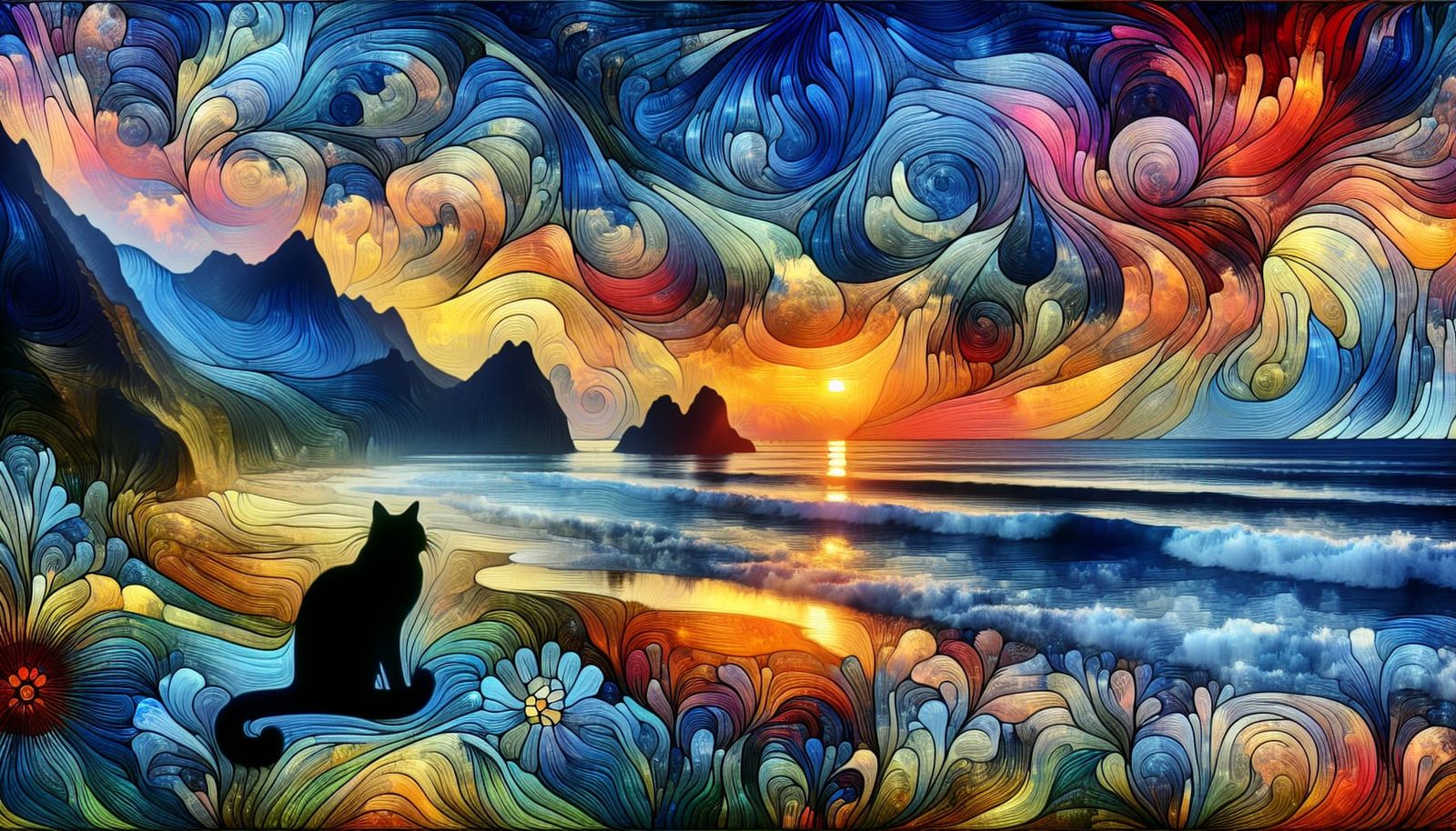 Vibrant Stained Glass Landscape with Cat in Oil Painting