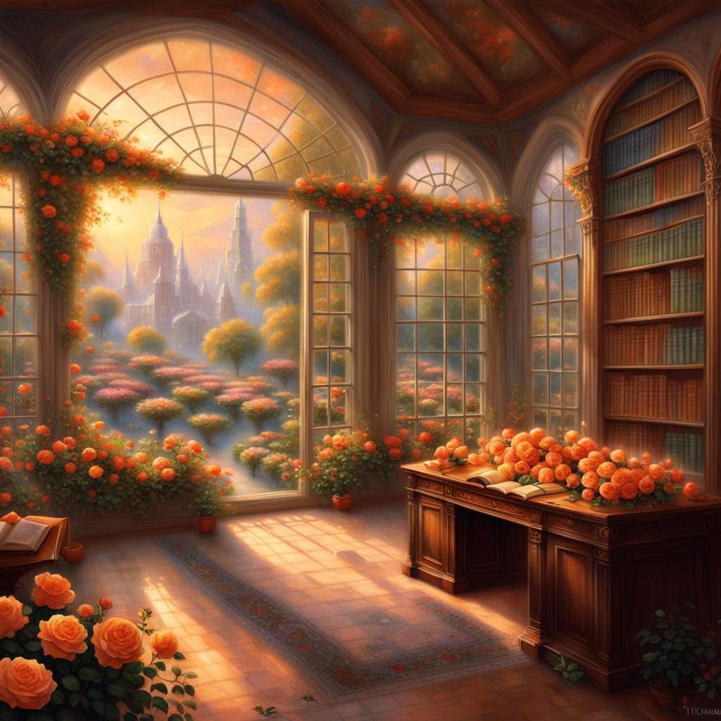 Library Room Overlooking Orange Rose Garden in Ethereal Styl...