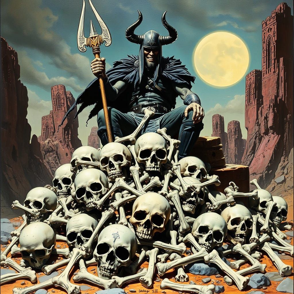 Dark Fantasy Warlord Amidst a Mountain of Bones