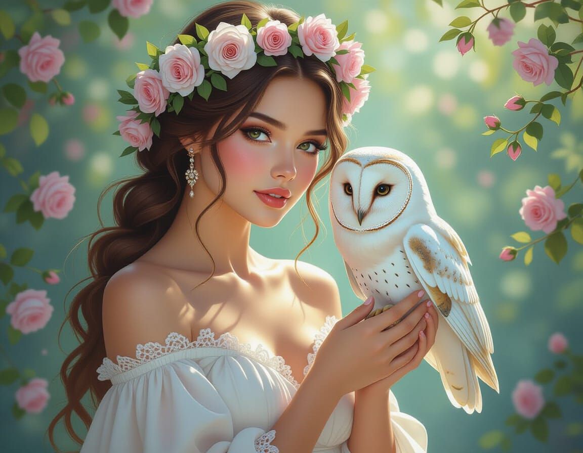Woman with Owl and Rose Wreath in Hyperrealism